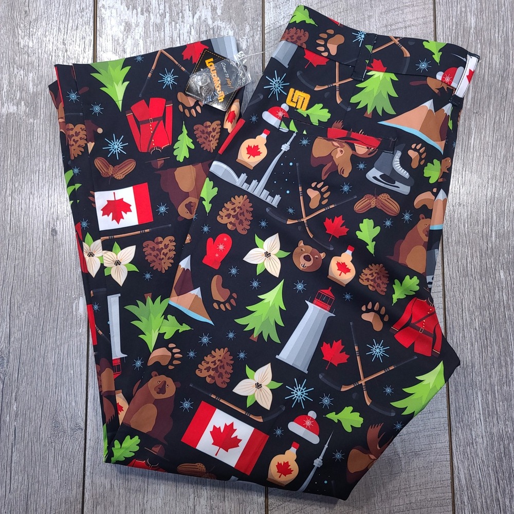 Loudmouth Golf Pants Men 34x30 Black Canada Maple Leaf Moose Bear Novelty Print